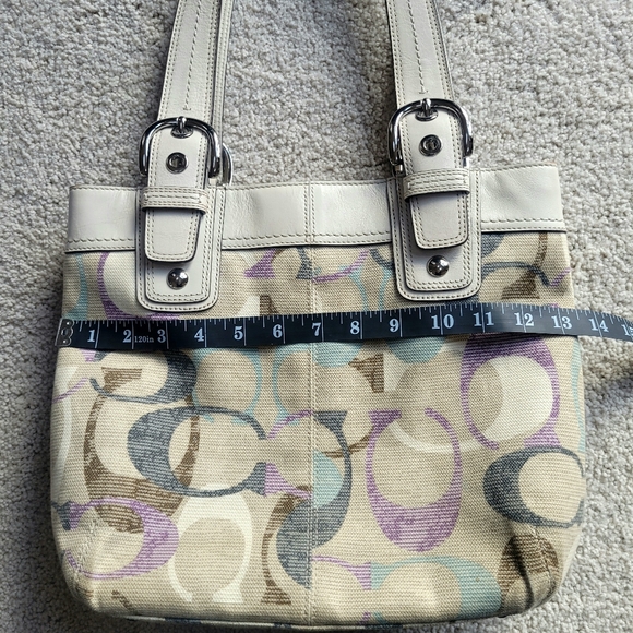 Coach Soho Linen Op Art Tote #16591 White Leather Purple Satin Interior - Picture 6 of 14